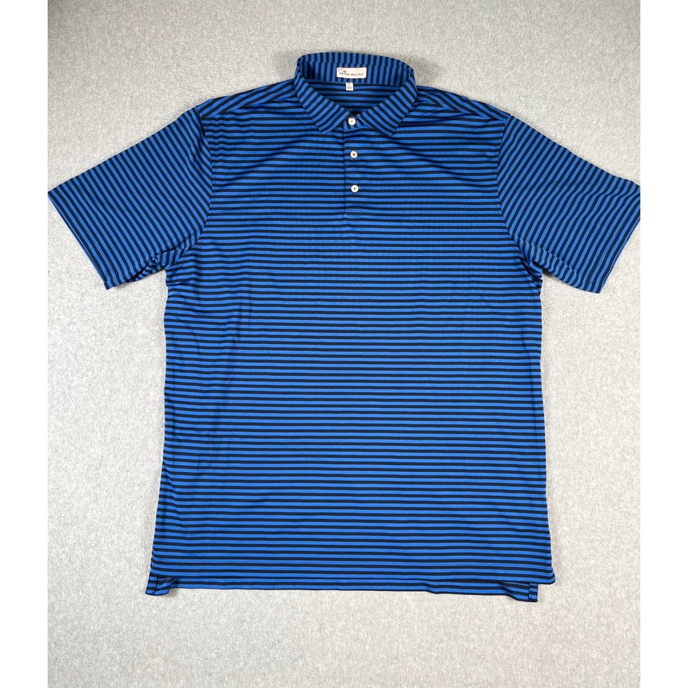 Peter Millar Mens XL Blue Navy Striped Performance Golf Polo Shirt Short Sleeve